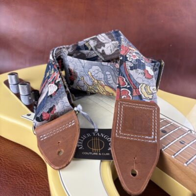 Sangle de guitare artisanale en tissu japonais et cuir Yugure no Mai atelier Tango&K pièce unique (2)