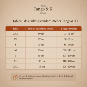 Tableau indicatif des tailles de ceinture sur mesure atelier tango&k